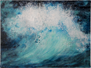 Kunst kaufen, Meer Acrylmalerei, Licht durchleuchtet das Wasser, wenn die Welle bricht. Die zugrunde liegende Struktur von Rissen scheint hier wie eine zweite Ebene, die verbindet und auch die Zerstörungskraft einer Welle aufzeigt. Acryl, Marmormehl auf Leinwand 30x40 cm
