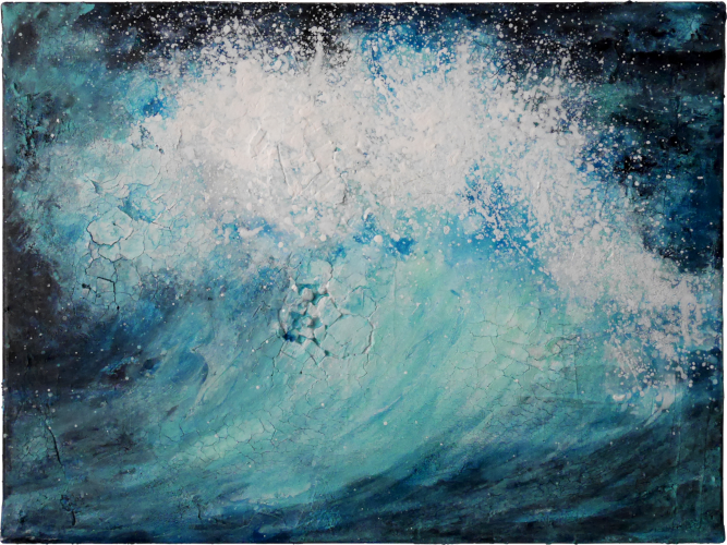 Kunst kaufen, Meer Acrylmalerei, Licht durchleuchtet das Wasser, wenn die Welle bricht. Die zugrunde liegende Struktur von Rissen scheint hier wie eine zweite Ebene, die verbindet und auch die Zerstörungskraft einer Welle aufzeigt. Acryl, Marmormehl auf Leinwand 30x40 cm