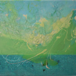 abstrakte malerei kaufen, Die streng abgegrenzte Wasserfläche wird durch schwungvolle Strukturen und leichten Farben aufgebrochen. Wie ein Tanz des Windes über dem Wasser. Acryl, Lack, Krakelierlack auf Leinwand 30x40 cm