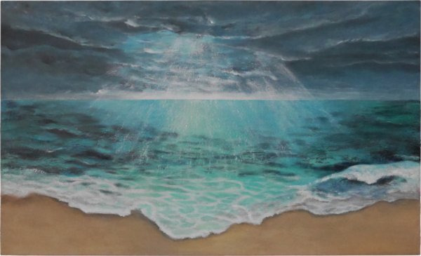 Kunst kaufen, Meer Acrylmalerei, Dramatisches Licht bringt das Meer zum Leuchten. Acryl, Sand, Marmormehl auf Leinwand 90x150 cm