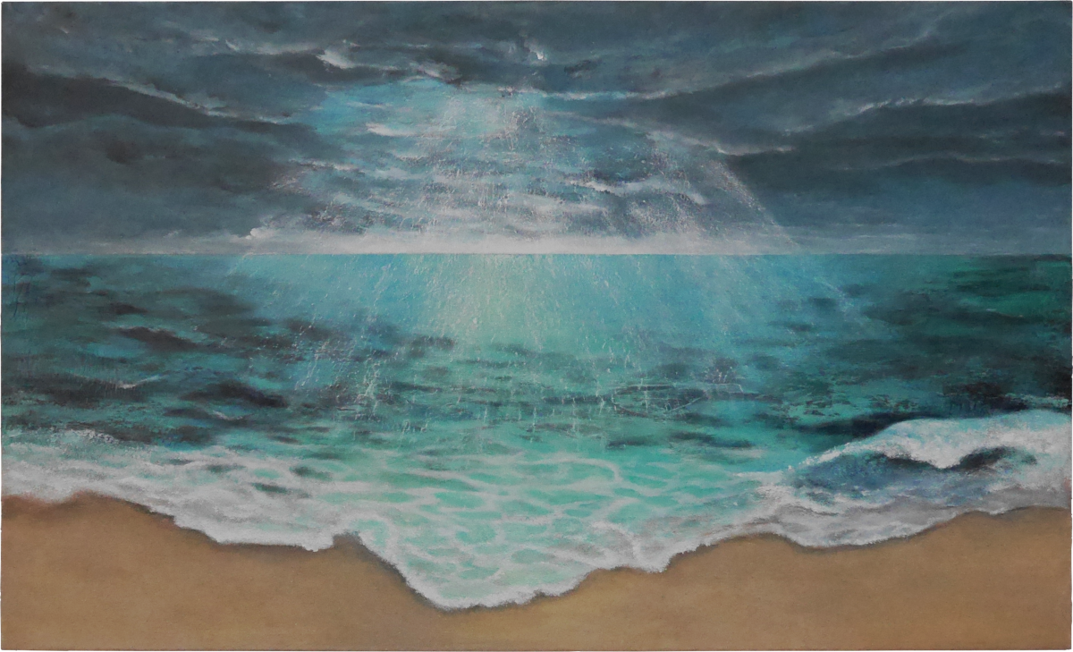 Kunst kaufen, Meer Acrylmalerei, Dramatisches Licht bringt das Meer zum Leuchten. Acryl, Sand, Marmormehl auf Leinwand 90x150 cm