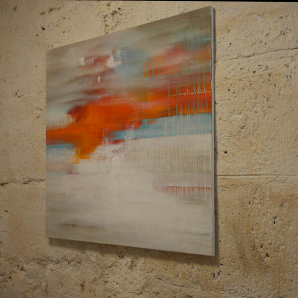 Kunst kaufen, Meer Acrylmalerei Rot Orange scheint durch nebelverhangene abstrahierte Landschaft Acryl Asche, auf Leinwand 100x100 cm