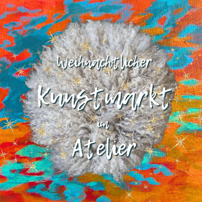 Weihnachtskunstmarkt Reutlingen Atelierverkauf. Kunst Retulingen, individuelles Weihnachtsgeschenk, originale Kunstwerke, Postkarten, Kalender2025, vegetarische Felle, Schals, Designs aus Wolle,